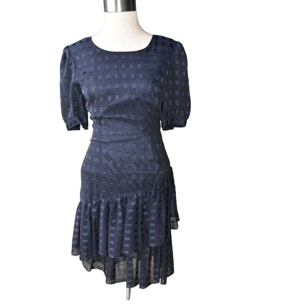 Vintage Hanae Mori Boutique Dress Navy Blue Asymmetrical Hem Size Small